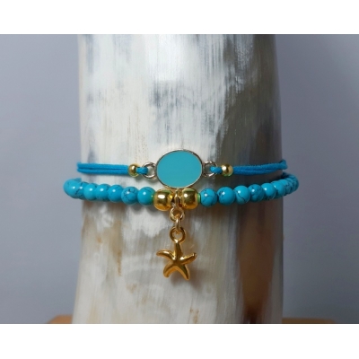 armbanden setje in turquoise-blauw met ovaal tussenstuk armbanden setje in turquoise-blauw met ovaal tussenstuk